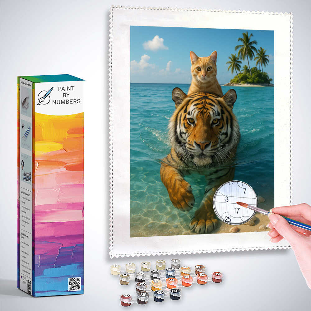 Paint by Numbers - Cat Swims on Tiger Through Sea
