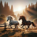 Paint by Numbers - Two majestic horses galloping powerfully at dawn, their manes flowing with the rhythm, capturing the beauty of a new day