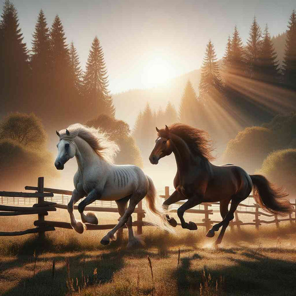 Paint by Numbers - Two majestic horses galloping powerfully at dawn, their manes flowing with the rhythm, capturing the beauty of a new day