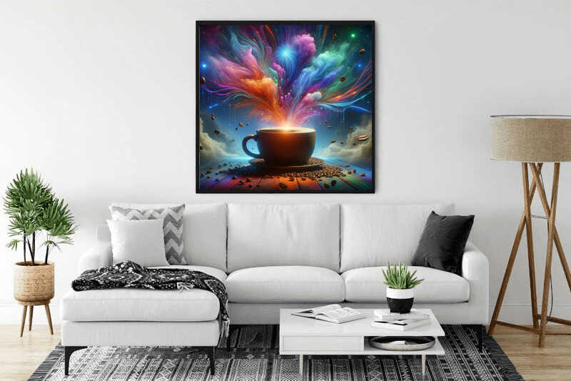 Paint by Numbers - Cosmic Coffee Enjoyment artwork above a white sofa in modern living room. Vibrant colors explode from a coffee cup.