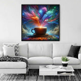 Paint by Numbers - Cosmic Coffee Enjoyment artwork above a white sofa in modern living room. Vibrant colors explode from a coffee cup.