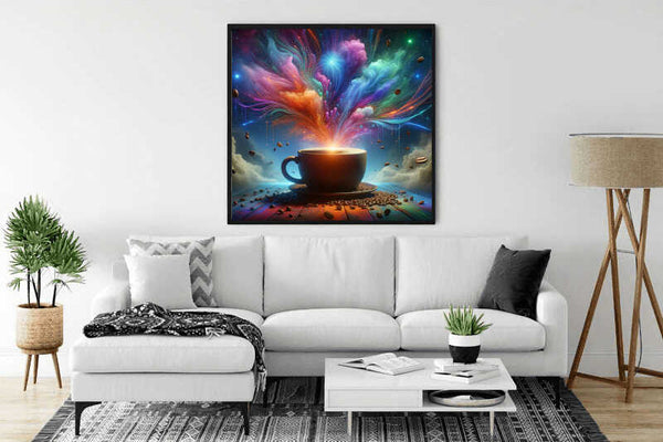 Paint by Numbers - Cosmic Coffee Enjoyment artwork above a white sofa in modern living room. Vibrant colors explode from a coffee cup.