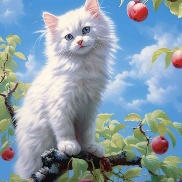 Paint by Numbers - Heavenly curiosity, white kitten on a branch surrounded by ripe apples against a bright blue sky.