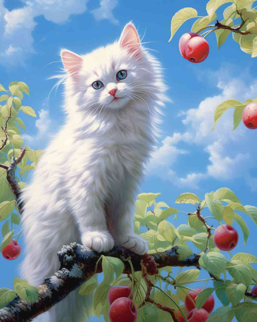 Paint by Numbers - Heavenly curiosity, white kitten on a branch surrounded by ripe apples against a bright blue sky.