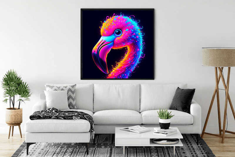 Paint by Numbers artwork "Colour Explosion in the Plumage" featuring a vibrant, expressionistic bird portrait with magenta, azure, and yellow feathers.