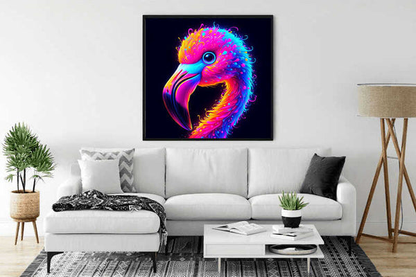 Paint by Numbers artwork "Colour Explosion in the Plumage" featuring a vibrant, expressionistic bird portrait with magenta, azure, and yellow feathers.