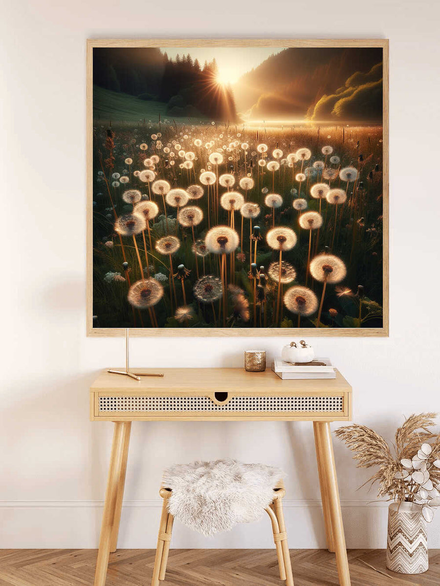 Paint by Numbers - Morning light over a sea of dandelions with golden sunlight and a dark forest background.