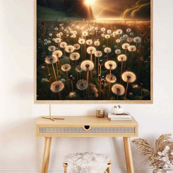 Paint by Numbers - Morning light over a sea of dandelions with golden sunlight and a dark forest background.