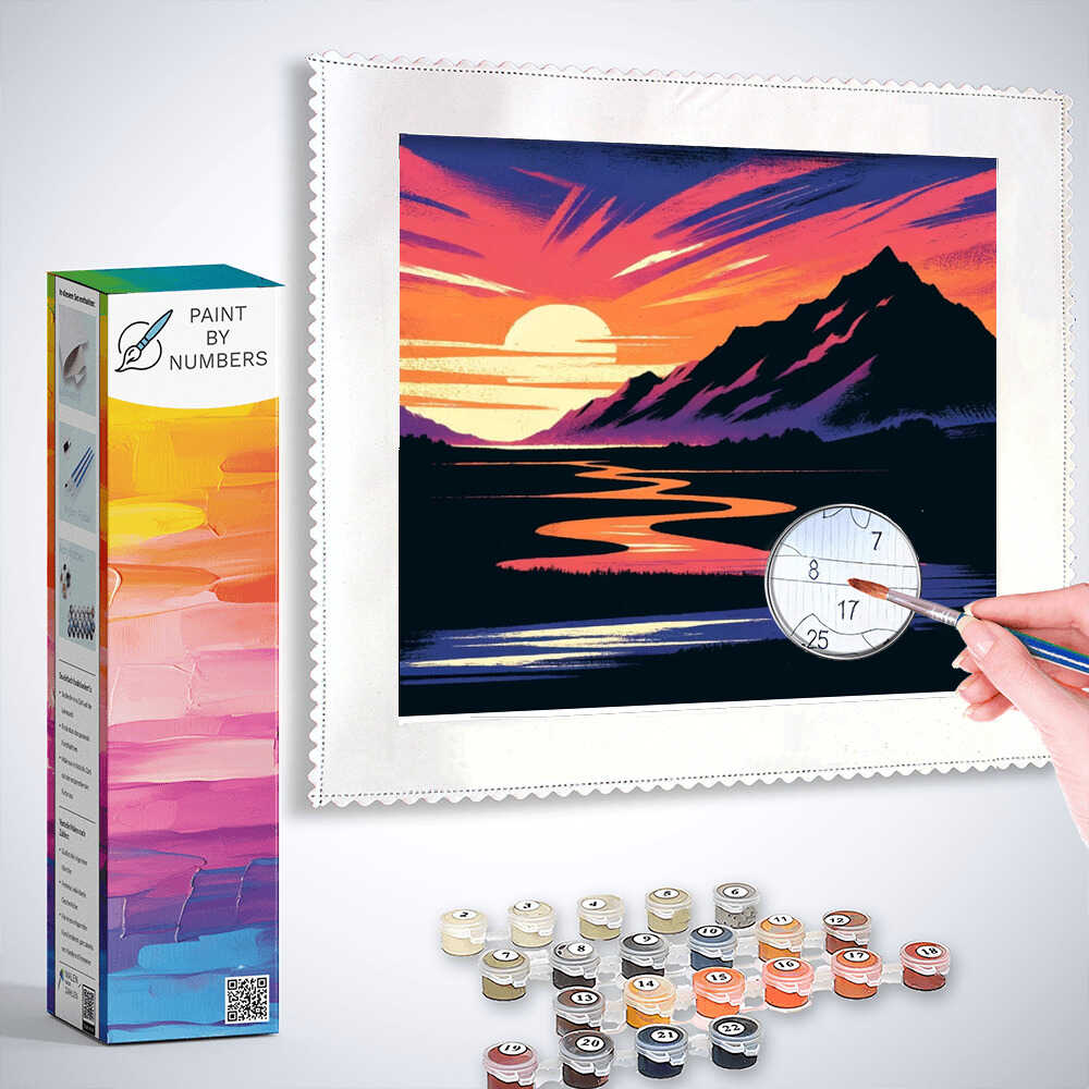 Paint by Numbers - Awakening of the Wild kit showing sunrise over mountains and river in vibrant colors.