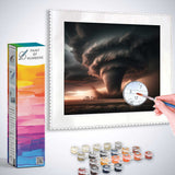 Paint by Numbers kit with a vibrant expressionist whirlwind scene blending burning orange and calm gray, evoking awe and fascination.