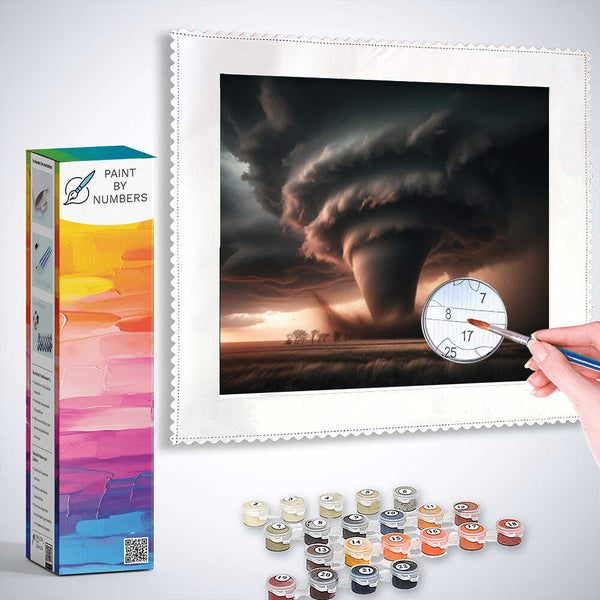 Paint by Numbers kit with a vibrant expressionist whirlwind scene blending burning orange and calm gray, evoking awe and fascination.