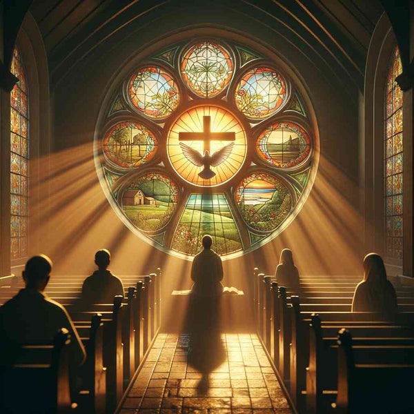 Paint by Numbers - Light of Faith, believers in contemplation within a sunlit church with stained glass windows and central cross.
