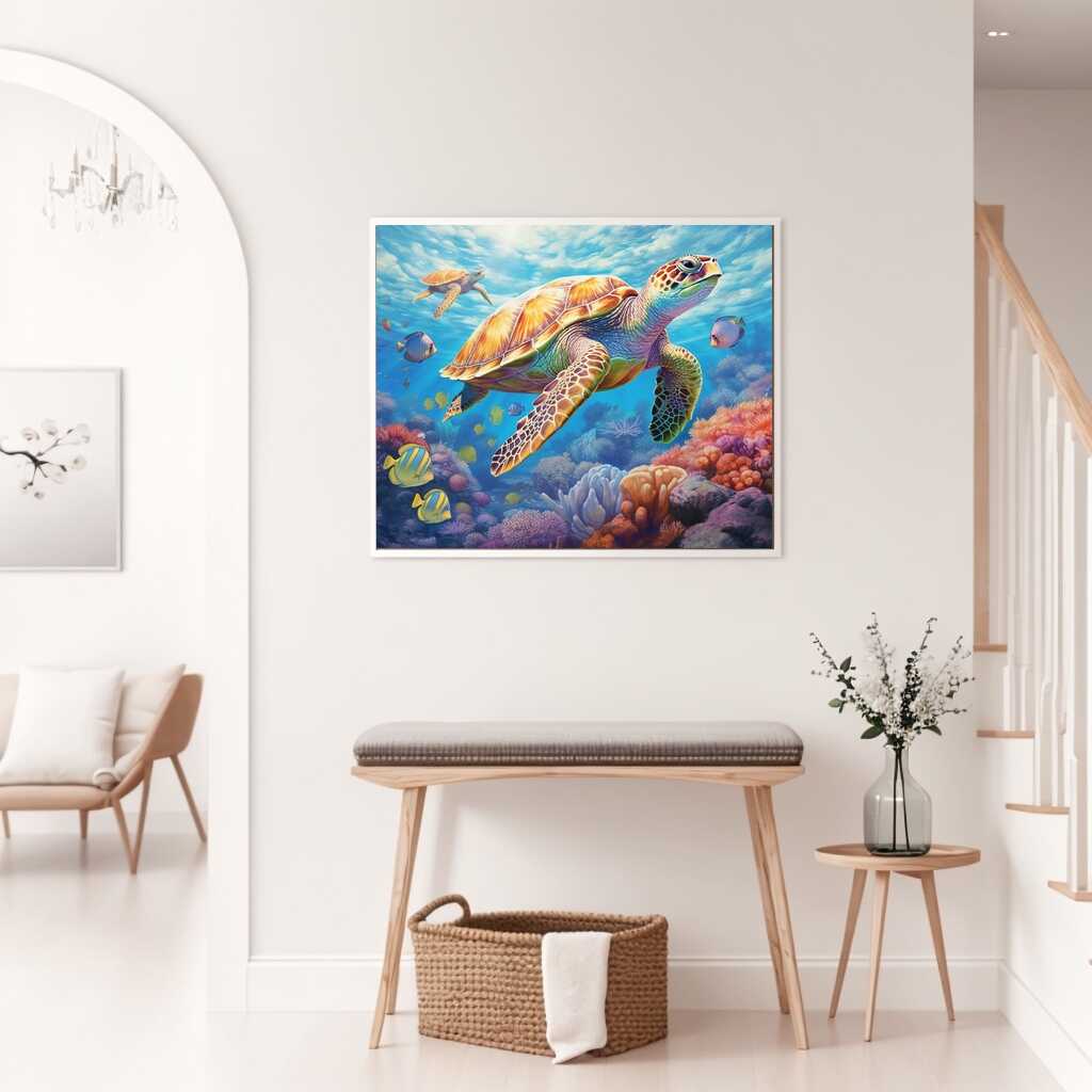 Paint by Numbers Oceanic Dream Flight displaying a vibrant sea turtle amidst coral reefs and colorful fish in a serene underwater scene.