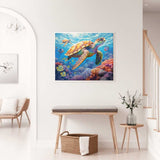 Paint by Numbers Oceanic Dream Flight displaying a vibrant sea turtle amidst coral reefs and colorful fish in a serene underwater scene.