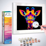 Paint by Numbers Luminosity of Nature featuring a vibrant giraffe in abstract colors with painting tools.