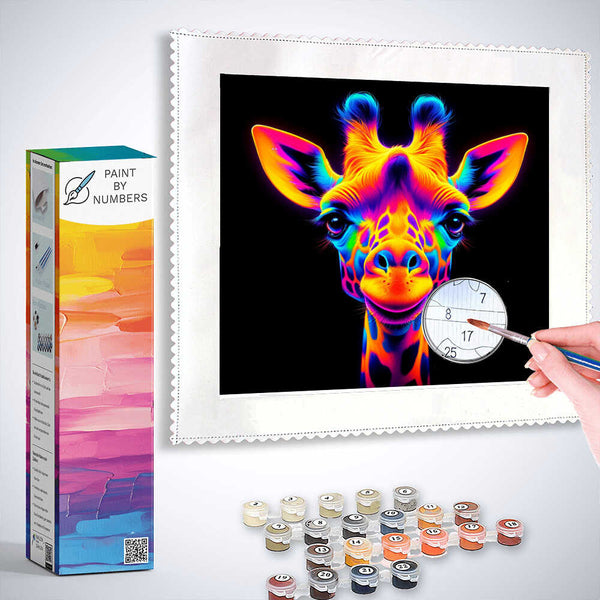 Paint by Numbers Luminosity of Nature featuring a vibrant giraffe in abstract colors with painting tools.