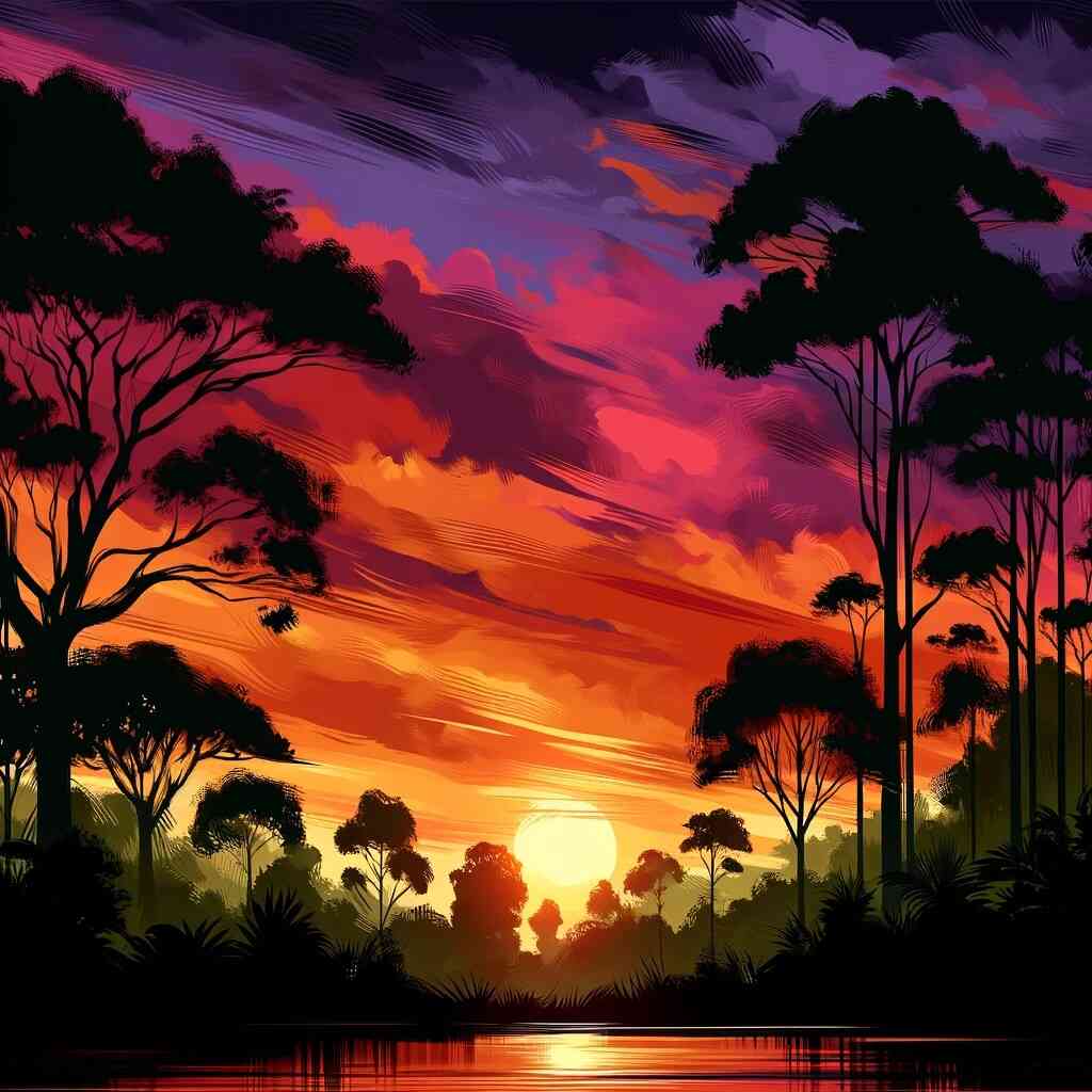 Paint by Numbers - Evening Glow in the Secret Forest featuring a vibrant dusk sky in shades of scarlet and purple with majestic trees and still waters