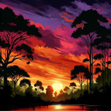 Paint by Numbers - Evening Glow in the Secret Forest featuring a vibrant dusk sky in shades of scarlet and purple with majestic trees and still waters