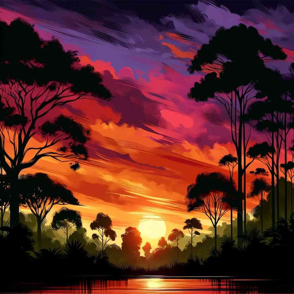 Paint by Numbers - Evening Glow in the Secret Forest featuring a vibrant dusk sky in shades of scarlet and purple with majestic trees and still waters