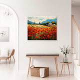 Paint by Numbers Poppy Blossom Rush on white wall in modern room, depicting a vibrant Mediterranean landscape with red poppies and rolling hills.