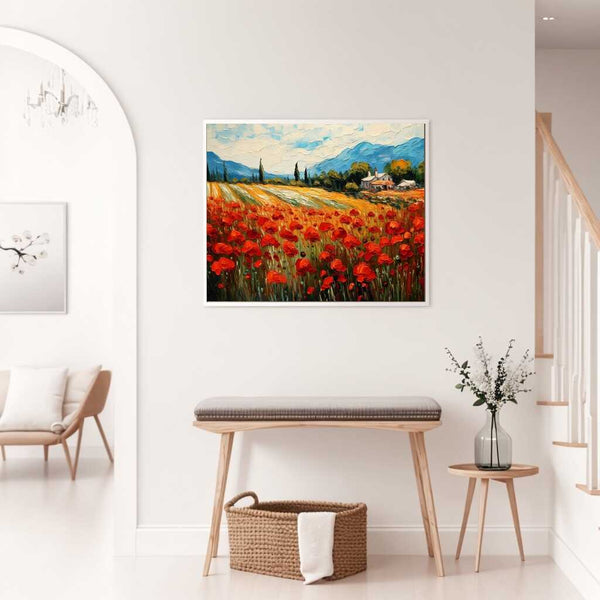 Paint by Numbers Poppy Blossom Rush on white wall in modern room, depicting a vibrant Mediterranean landscape with red poppies and rolling hills.
