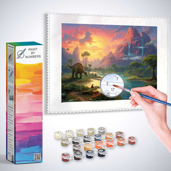 Paint by Numbers kit featuring a prehistoric landscape with dinosaurs, vibrant orange sky, mountains, waterfalls, and lush vegetation.