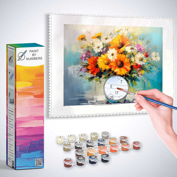 Paint by Numbers kit featuring a vibrant impressionistic floral painting titled "Colorful Joy in a Glass" with paint and brush in use.
