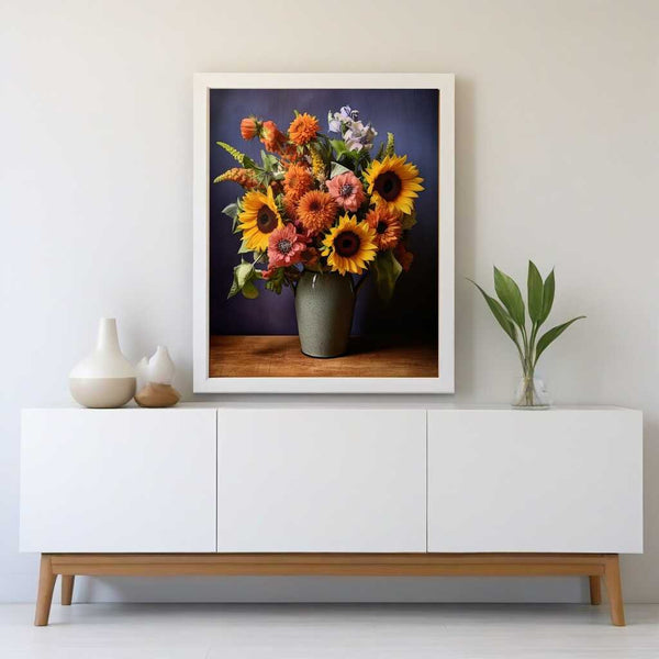 Paint by Numbers - Summer shine artwork with sunflowers and pastel tones in a vase, adding warmth and vibrant energy to a minimalist room decor.