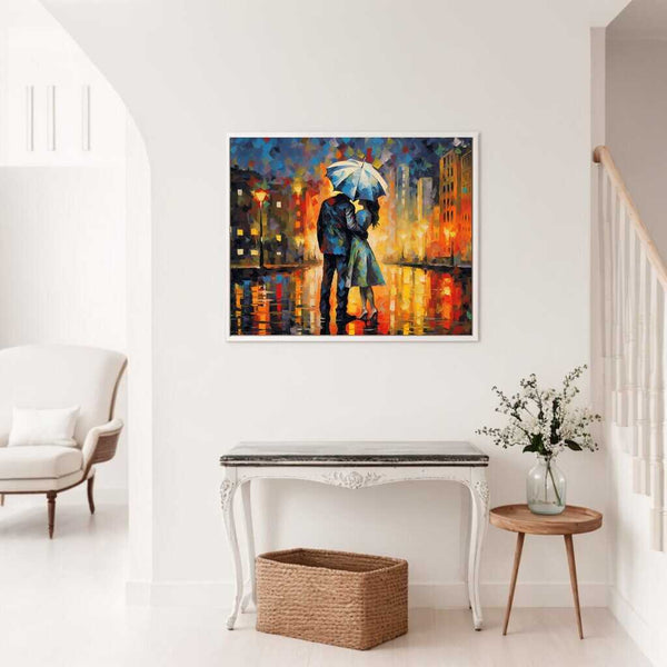 Paint by Numbers - City Love in the Rain hanging in a stylish modern room with white walls and minimalist decor.