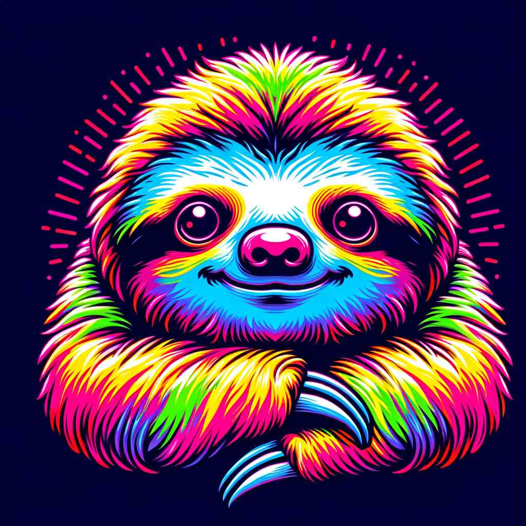 Paint by Numbers - Colorful Sloth in neon colors with a joyful smiling face and expressive eyes, surrounded by vibrant rainbow hues.