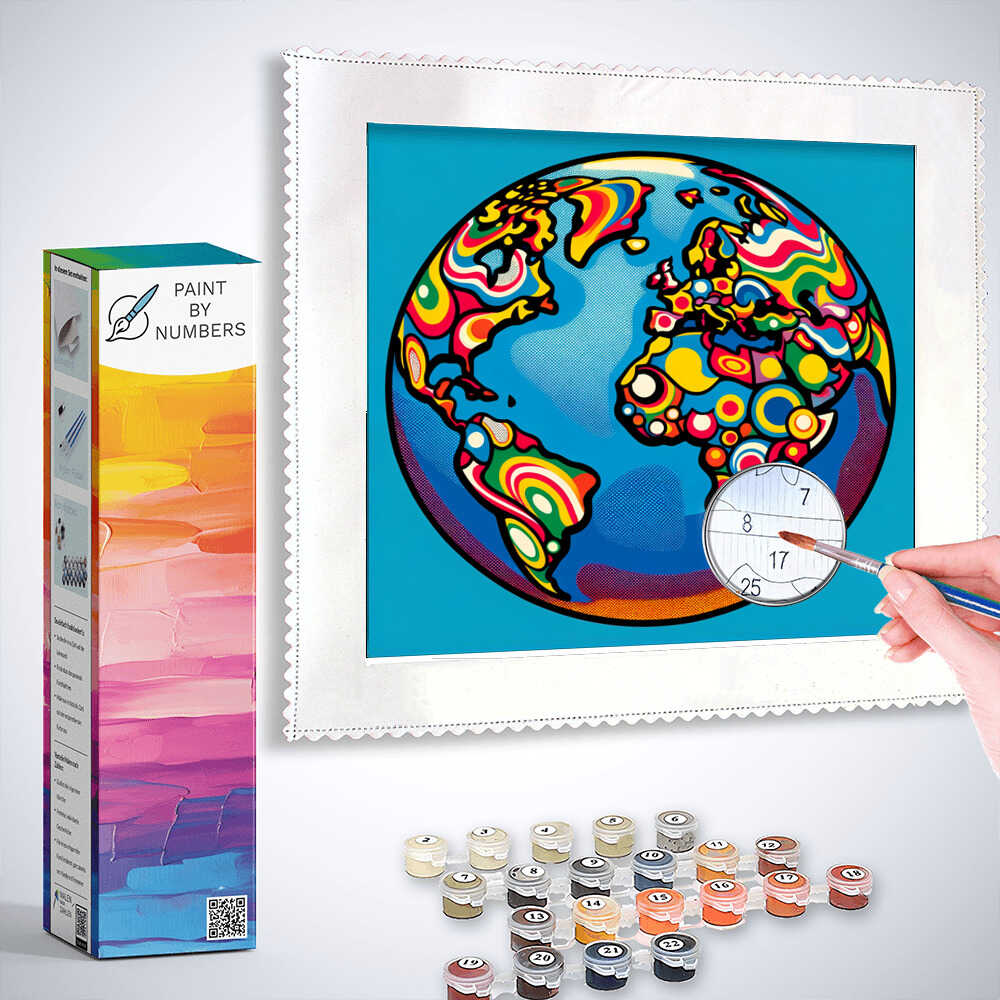 Paint by Numbers - Colorful Cosmos World Map with vibrant colors and abstract patterns, paint set, and palette included