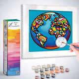 Paint by Numbers - Colorful Cosmos World Map with vibrant colors and abstract patterns, paint set, and palette included
