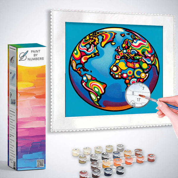 Paint by Numbers - Colorful Cosmos World Map with vibrant colors and abstract patterns, paint set, and palette included