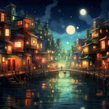 Paint by Numbers - Moonlight Whispers; Nocturnal urban fantasy scene with buildings, illuminated windows, full moon reflecting on water