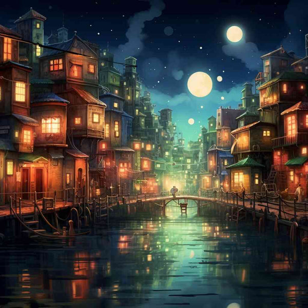 Paint by Numbers - Moonlight Whispers; Nocturnal urban fantasy scene with buildings, illuminated windows, full moon reflecting on water