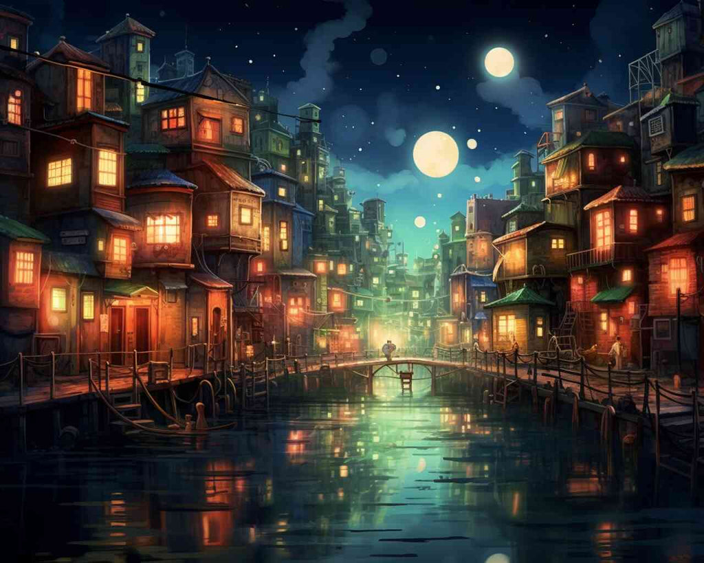 Paint by Numbers - Moonlight Whispers; Nocturnal urban fantasy scene with buildings, illuminated windows, full moon reflecting on water