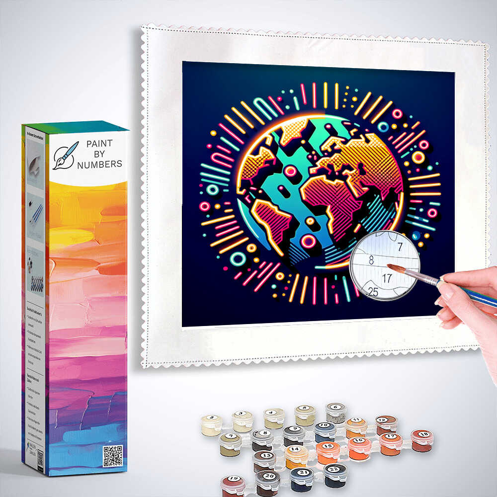 Paint by Numbers kit titled "Luminous Symphony of Globality" featuring vibrant neon colors and abstract continents art with painting supplies.