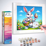 Paint by Numbers kit featuring a cheerful Easter bunny holding a colorful egg with spring meadows backdrop.