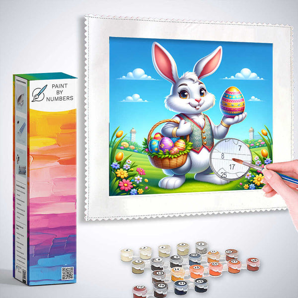 Paint by Numbers kit featuring a cheerful Easter bunny holding a colorful egg with spring meadows backdrop.