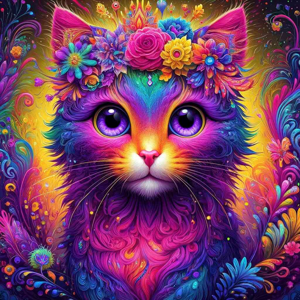 Paint by Numbers - Mystical Elegance featuring a colorful cat with vibrant floral patterns and deep purple eyes in a surreal, magical style.