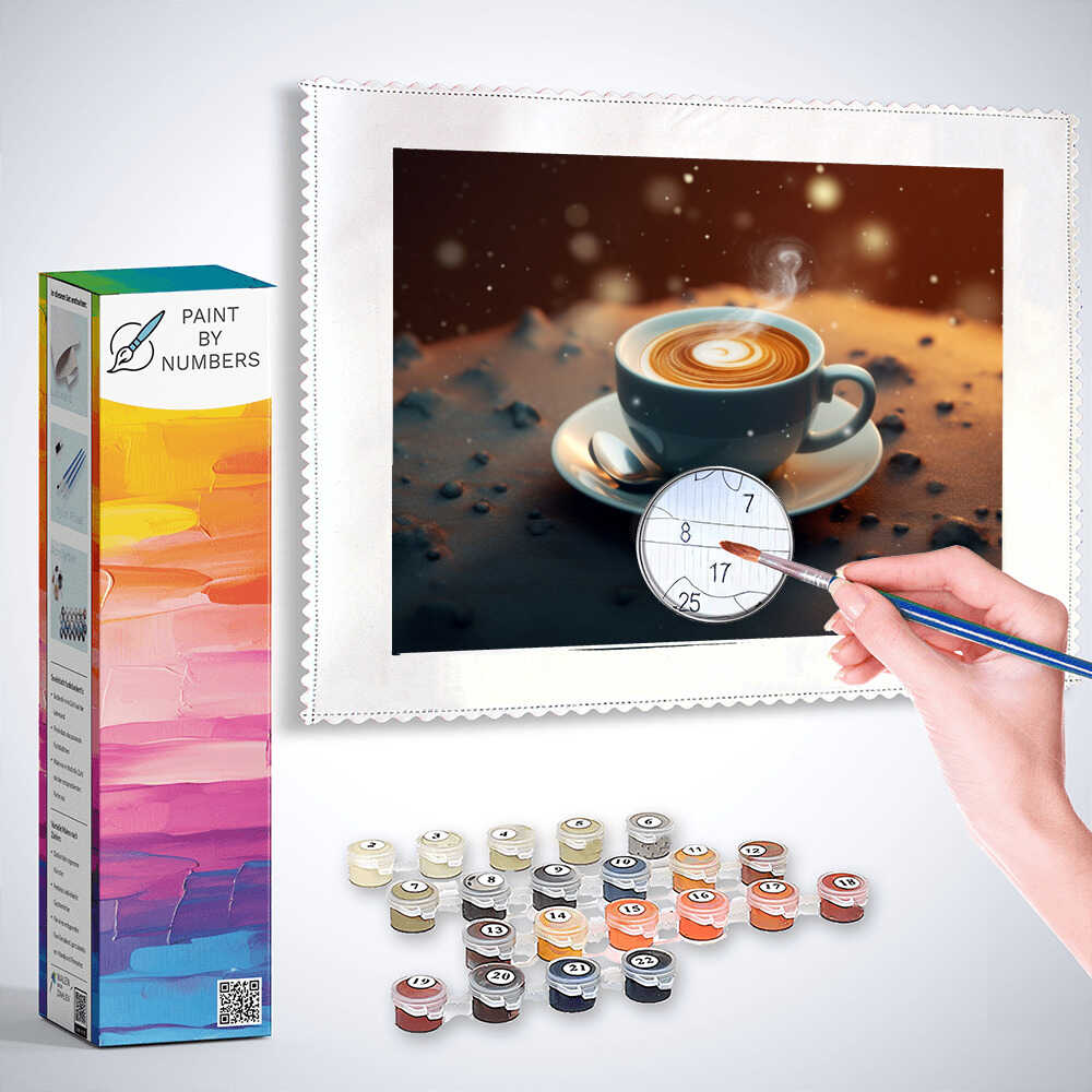 Paint by Numbers kit "Coffee Meditation in the Cosmos" featuring a blue espresso cup, golden nebula, and coffee grains for serene artwork.