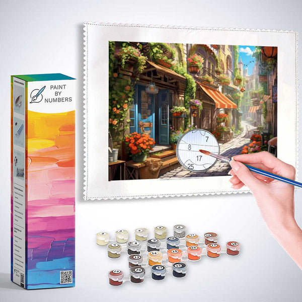 Paint by Numbers kit featuring Mediterranean sun-drenched village with warm orange tones, soft green climbing plants, and blooming flowers