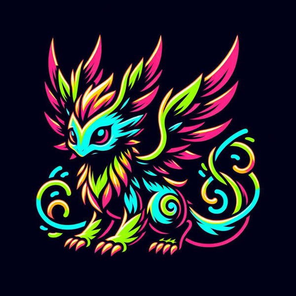 Paint by Numbers - Luminous Mysteries featuring a mythical creature in neon blue, green, and pink tones with hypnotic eyes.