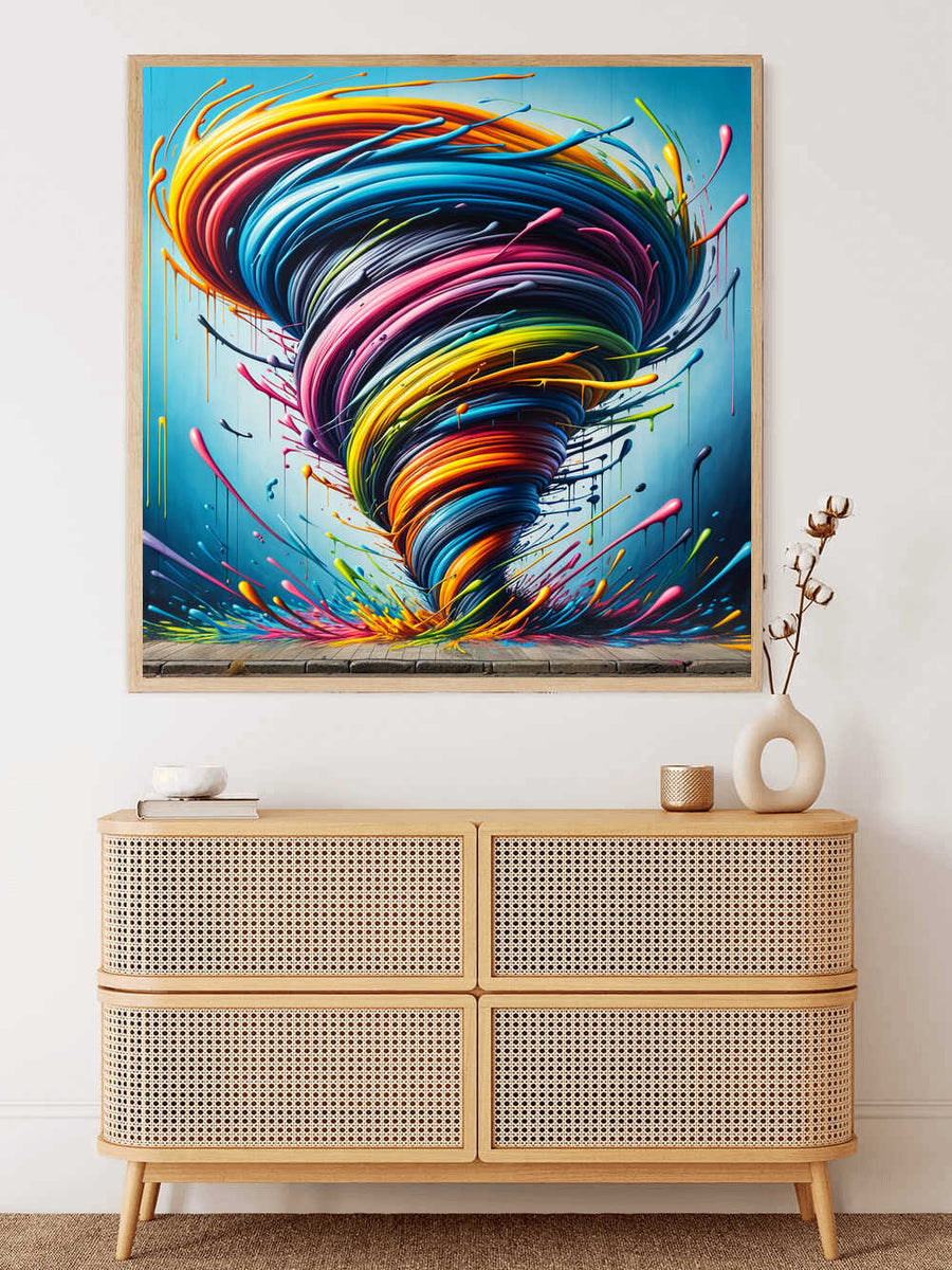 Paint by Numbers - Colour whirlwind of passion Banksy style. Abstract vortex with vibrant orange, blue, pink, and yellow tones on display.