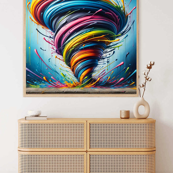 Paint by Numbers - Colour whirlwind of passion Banksy style. Abstract vortex with vibrant orange, blue, pink, and yellow tones on display.