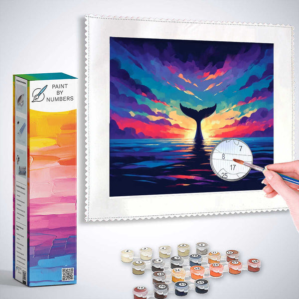 Paint by Numbers kit featuring "Colors of the Ocean Dream" with a whale fluke at sunset, dramatic sky in purple, azure, and bright pink.