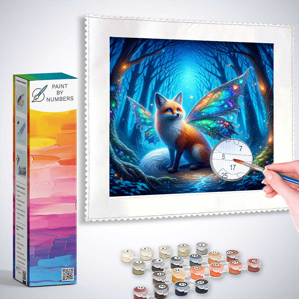 Paint by Numbers kit featuring "Enchanted Forest Encounter" with mythical half-fox, half-butterfly creature in a sapphire blue forest scene.