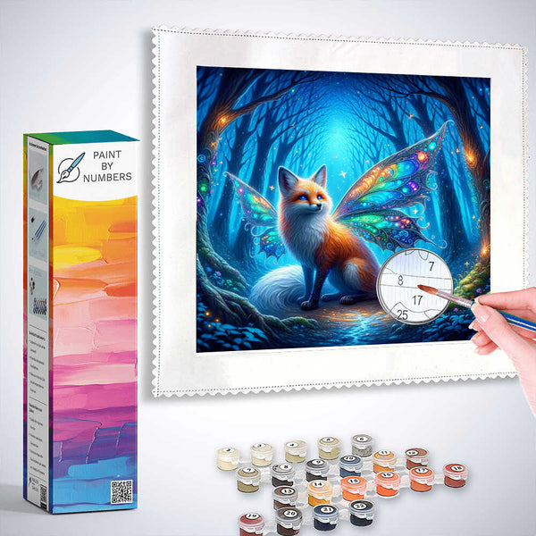 Paint by Numbers kit featuring "Enchanted Forest Encounter" with mythical half-fox, half-butterfly creature in a sapphire blue forest scene.