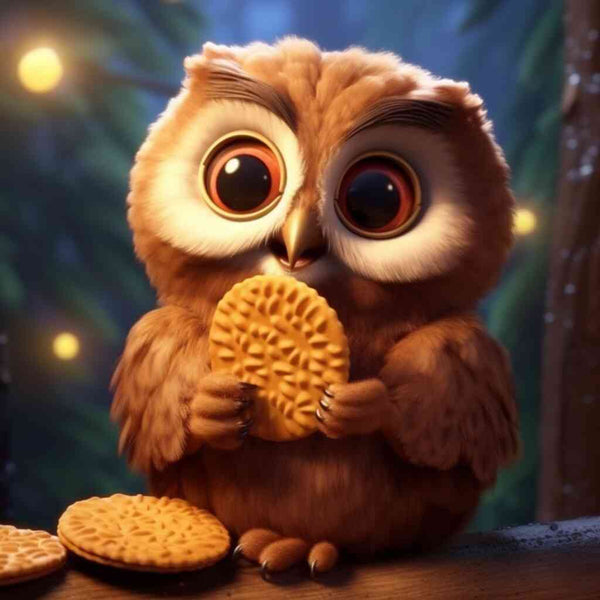 Paint by Numbers - An owl with wide eyes holding a cookie, set against a warm, glowing twilight background, evoking wonder and curiosity.