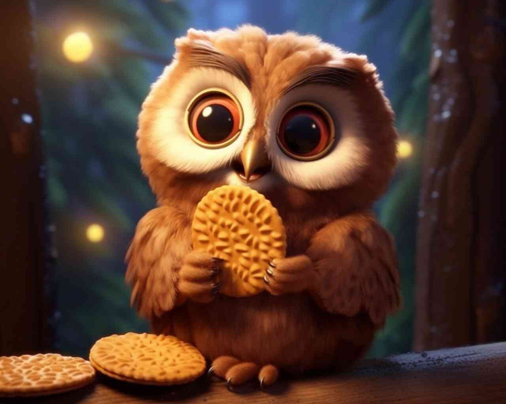 Paint by Numbers - An owl with wide eyes holding a cookie, set against a warm, glowing twilight background, evoking wonder and curiosity.